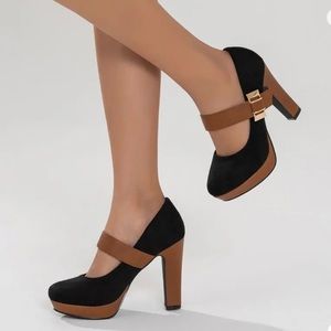 Mary Jane Suedette Two Tone Pumps, Black Elegant Color-Block High-Heels …